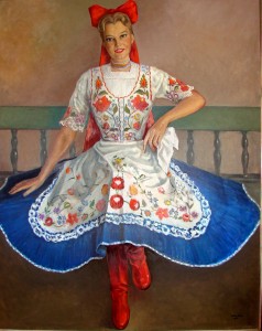 A festményen a Magyar Rozika című estje fellépő ruhájában