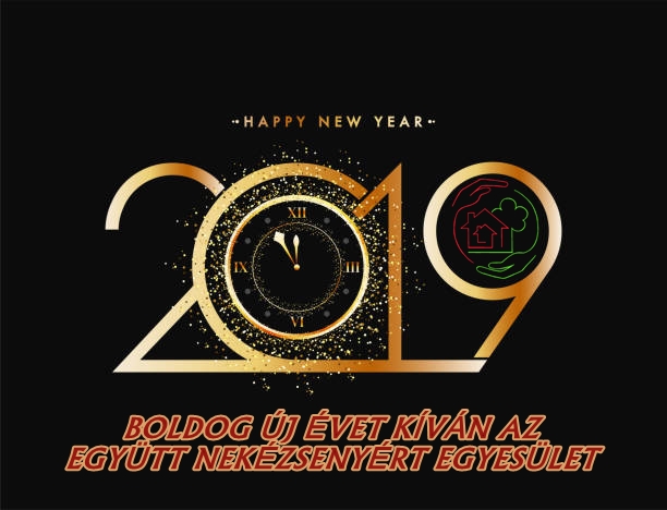 New Year celebration concept, golden text 2019 with glittering effect watch on black background.